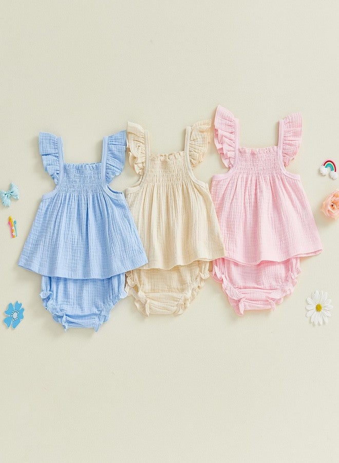 Mubineo Baby Girl Summer Clothes Cute Basic Plain Cotton Linen Ruffle Tops Dress Shorts Outfits Set Shirt Princess Outfit (Beige, 3-6 Months) - Image 3