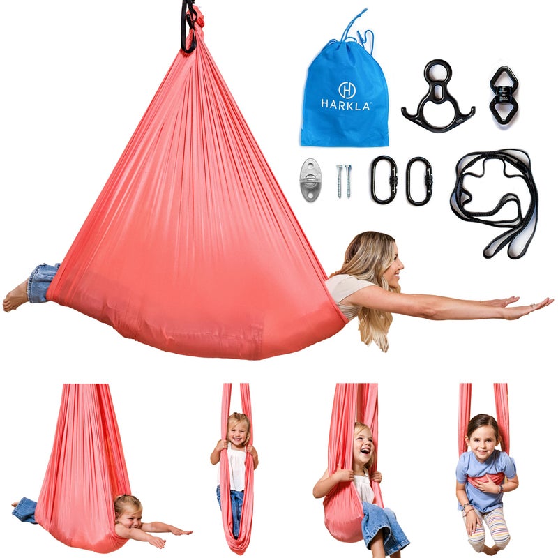 Harkla Sensory Swing for Kids Adults Holds 300lbs Indoor Outdoor Sensory Swing for Hug Like Calming Effect Durable Soft Stretch Fabric and Heavy Duty Hardware Pink 100 Swing 5 Swivel - Image 2