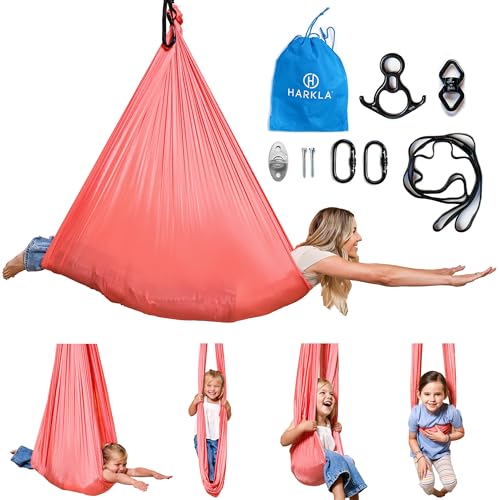 Harkla Sensory Swing for Kids Adults Holds 300lbs Indoor Outdoor Sensory Swing for Hug Like Calming Effect Durable Soft Stretch Fabric and Heavy Duty Hardware Pink 100 Swing 5 Swivel - Image 1