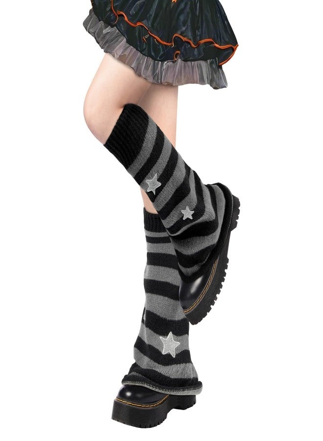 Moon Wood Leg Warmers for Girls Women Kawaii Harajuku Leg Warmers Cute Knitted Leg Warmer Goth Lolita Accessories (Black & Grey Star) - Image 2