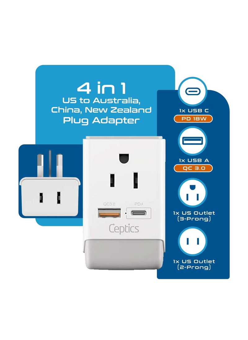 Ceptics Ceptics Australia China New Zealand Power Plug Adapter, QC 3.0 & PD - Safe Dual USB & USB-C - 2 USA Socket for USA to Australian New Zealand Fiji Argentina, Type I AP-16 Fast Charging  - Image 2