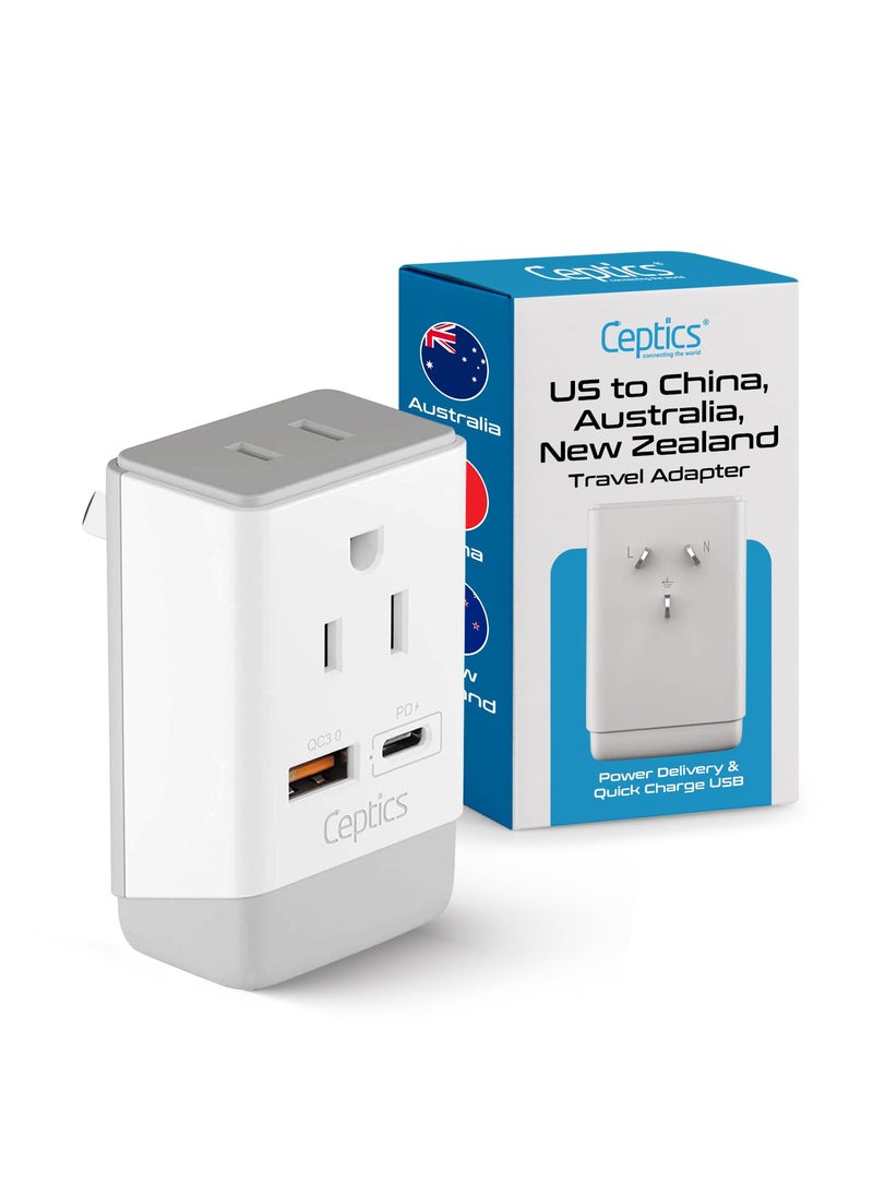 Ceptics Ceptics Australia China New Zealand Power Plug Adapter, QC 3.0 & PD - Safe Dual USB & USB-C - 2 USA Socket for USA to Australian New Zealand Fiji Argentina, Type I AP-16 Fast Charging  - Image 1