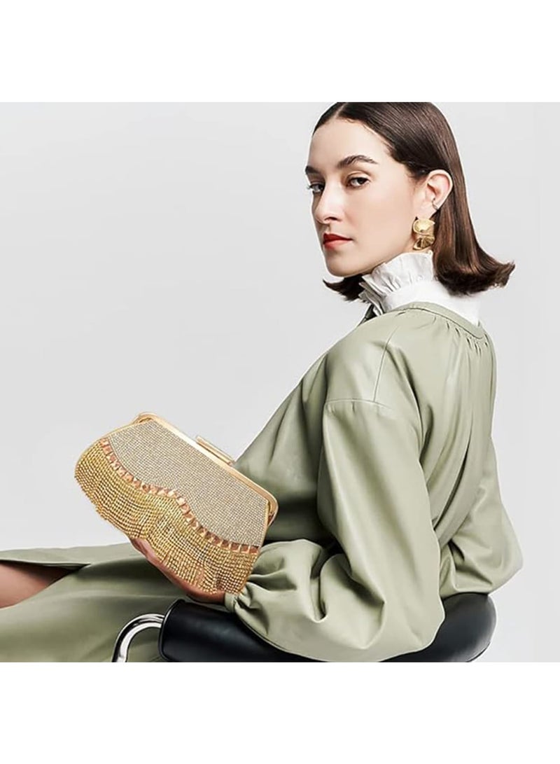 SOLARAE Evening Clutch Purse for Women, Glitter Rhinestone Tassel Dinner Bag, Crossbody Shoulder Handbag for Wedding Party, Golden - Image 3