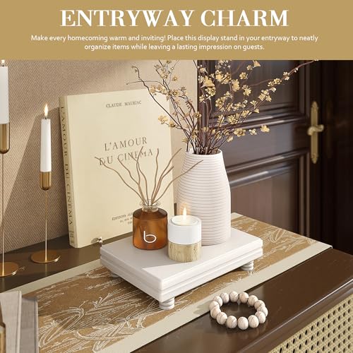 EOSAHR Decorative Pedestal Stand for Home Decor – Farmhouse Bathroom Counter Organizer & Soap Holder for Bathroom Sink - Small Wooden Tray for Kitchen & Bathroom Decor (White) - Image 2
