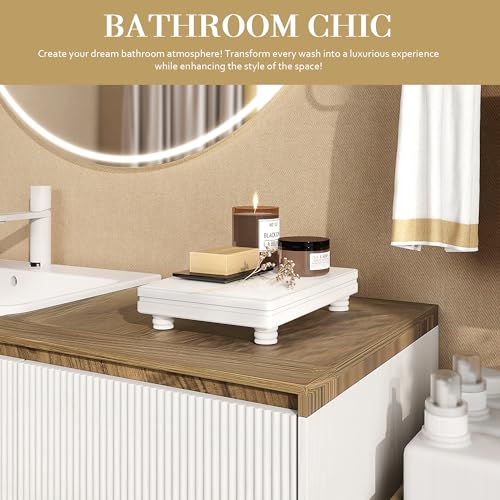 EOSAHR Decorative Pedestal Stand for Home Decor – Farmhouse Bathroom Counter Organizer & Soap Holder for Bathroom Sink - Small Wooden Tray for Kitchen & Bathroom Decor (White) - Image 4
