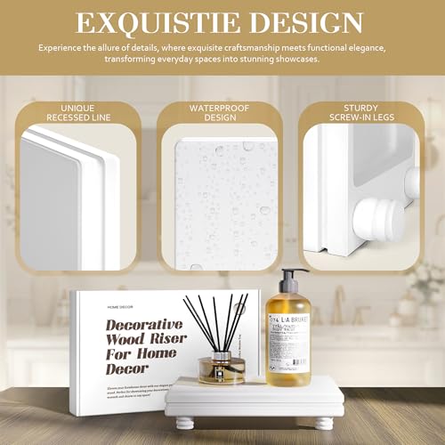 EOSAHR Decorative Pedestal Stand for Home Decor – Farmhouse Bathroom Counter Organizer & Soap Holder for Bathroom Sink - Small Wooden Tray for Kitchen & Bathroom Decor (White) - Image 5