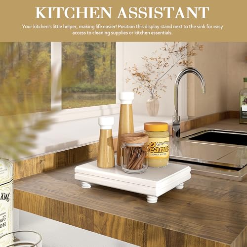 EOSAHR Decorative Pedestal Stand for Home Decor – Farmhouse Bathroom Counter Organizer & Soap Holder for Bathroom Sink - Small Wooden Tray for Kitchen & Bathroom Decor (White) - Image 3