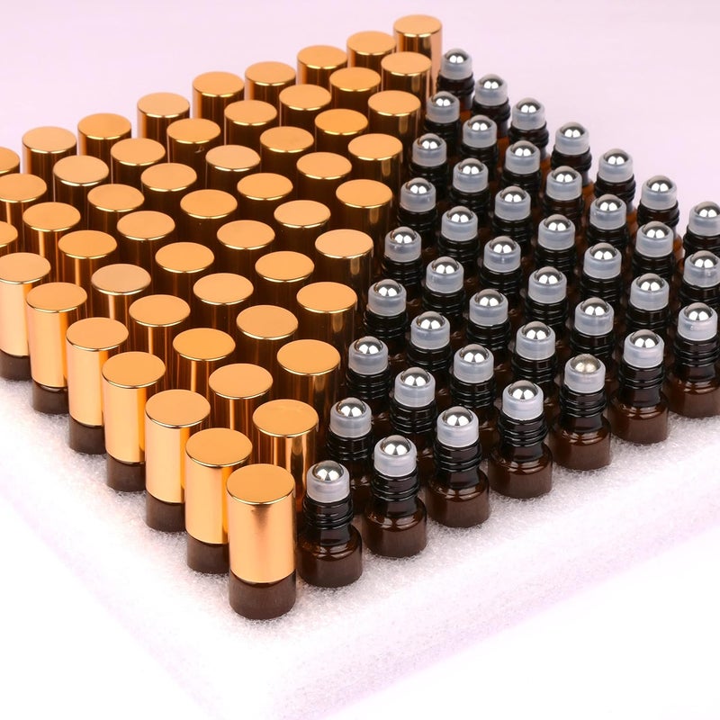 MAXMAU MaxMau Pack of 100,5ml Amber Glass Roller Bottles for Essential Oils Refillable Roll on Bottle with Stainless Steel Roller Balls Golden Cap For Home Travel Aromatherapy 