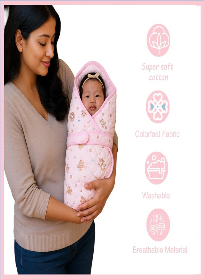 Infantbond by Fareto Hooded Quilted Wrapper for New Born Baby | Ultra-Soft Cotton, Warm & Breathable Blanket | Ideal for Swaddling, Sleeping & Travel (0-12 Months) (Pink) - Image 2