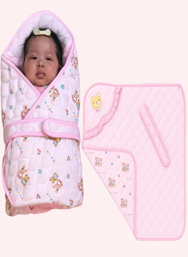 Infantbond by Fareto Hooded Quilted Wrapper for New Born Baby | Ultra-Soft Cotton, Warm & Breathable Blanket | Ideal for Swaddling, Sleeping & Travel (0-12 Months) (Pink) - Image 4