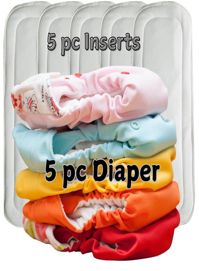 Tip 'n' Top® Cloth Diapers for Babies Reusable and Adjustable Snap Buttons, Multicolor, Age- 3 Months to 3 Years (5 Diapers + 5 Insert Pads) - Image 1