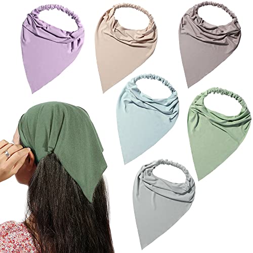 Vercret 6 Pack Boho Triangle Bandana Head Scarf - Elastic Hair Kerchief with Clips Non Slip Solid Color Headbands for Teen Girls - Image 1