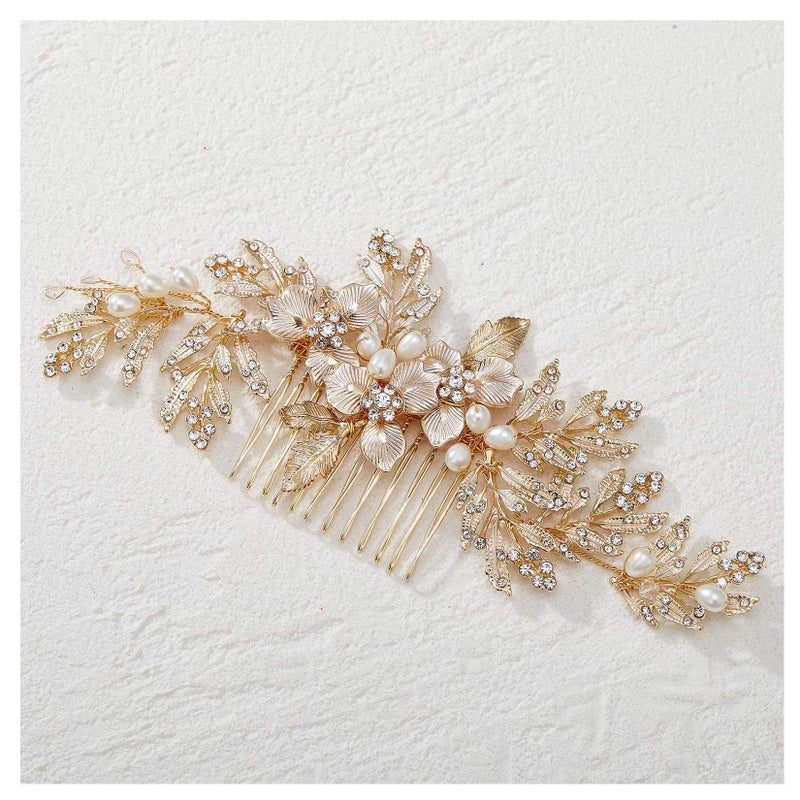 SWEETV Handmade Wedding Hair Comb Clip Rhinestone Bridal Hair Comb Piece, Gold Hair Accessories for Brides Wedding - Image 1