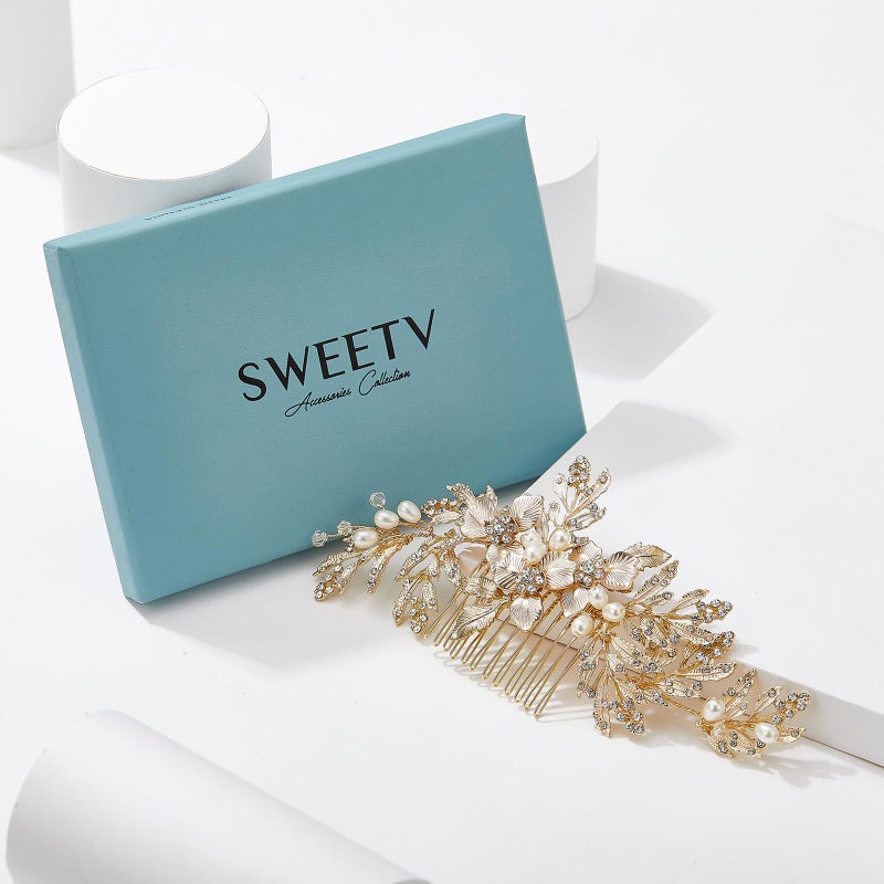 SWEETV Handmade Wedding Hair Comb Clip Rhinestone Bridal Hair Comb Piece, Gold Hair Accessories for Brides Wedding - Image 4