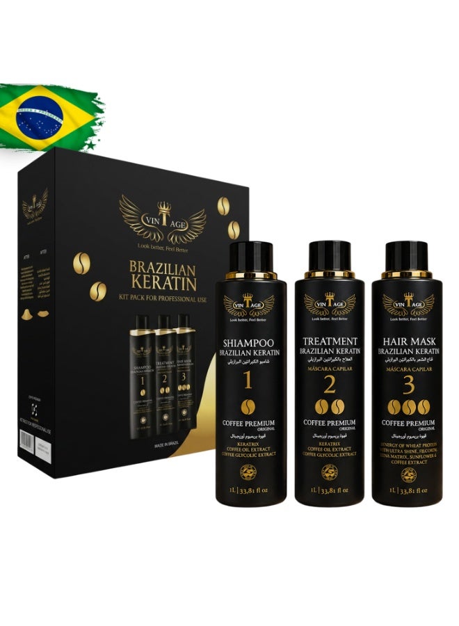 Vintage Brazilian Keratin Coffee Premium Hair Treatment Kit 3pcs x 1000ml | Shampoo + Keratin Treatment + Hair Mask | Professional Hair Straightening & Repair System - Image 1