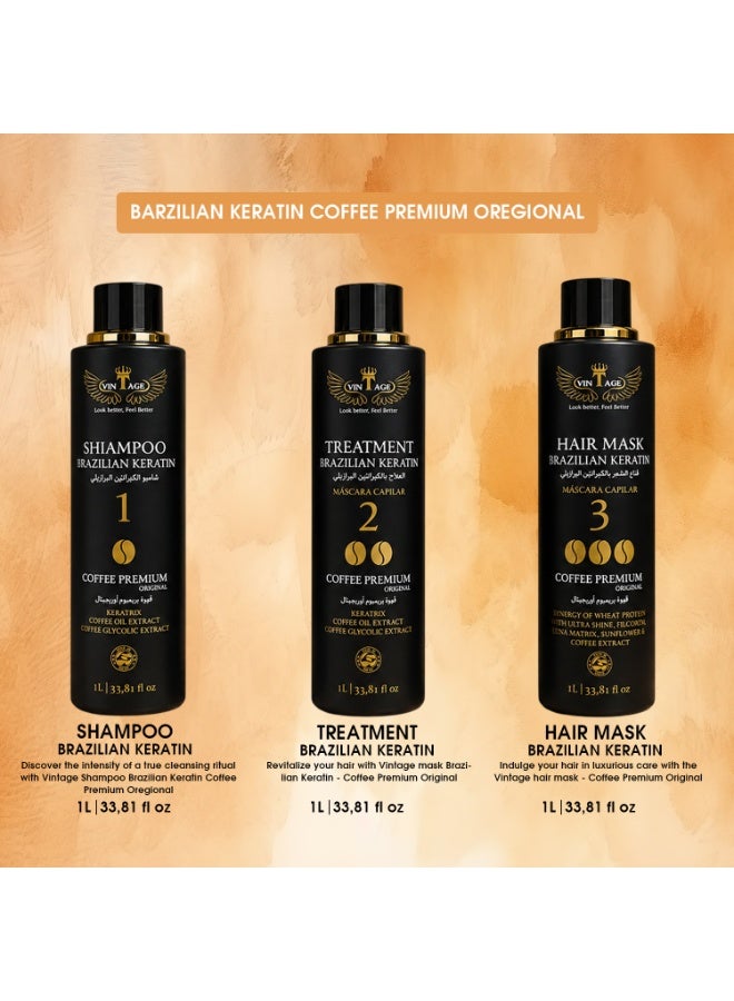 Vintage Brazilian Keratin Coffee Premium Hair Treatment Kit 3pcs x 1000ml | Shampoo + Keratin Treatment + Hair Mask | Professional Hair Straightening & Repair System - Image 2