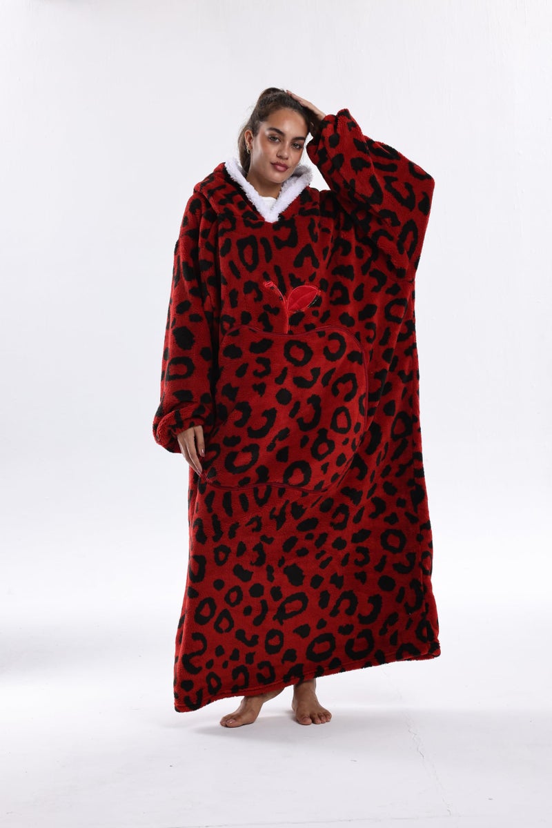Capecage Wearable Blanket, Long Blanket Hoodie as Gifts for Women Men, Long Hooded Blanket for Men Women Blanket Hoodies (Red Leopard Print) - Image 3