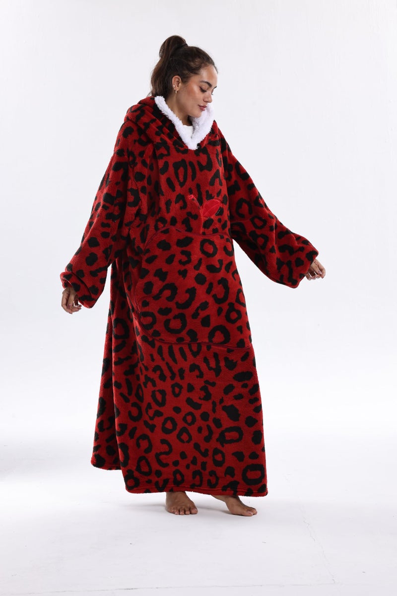 Capecage Wearable Blanket, Long Blanket Hoodie as Gifts for Women Men, Long Hooded Blanket for Men Women Blanket Hoodies (Red Leopard Print) - Image 4