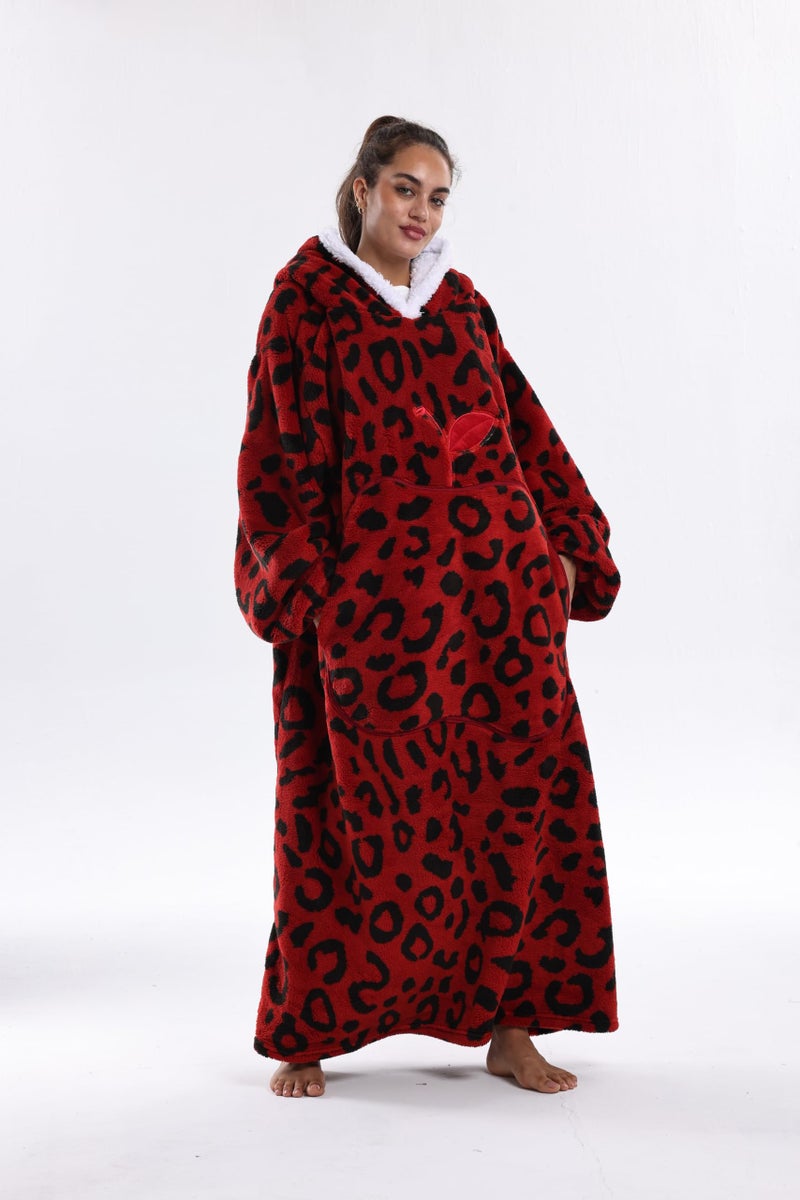 Capecage Wearable Blanket, Long Blanket Hoodie as Gifts for Women Men, Long Hooded Blanket for Men Women Blanket Hoodies (Red Leopard Print) - Image 1