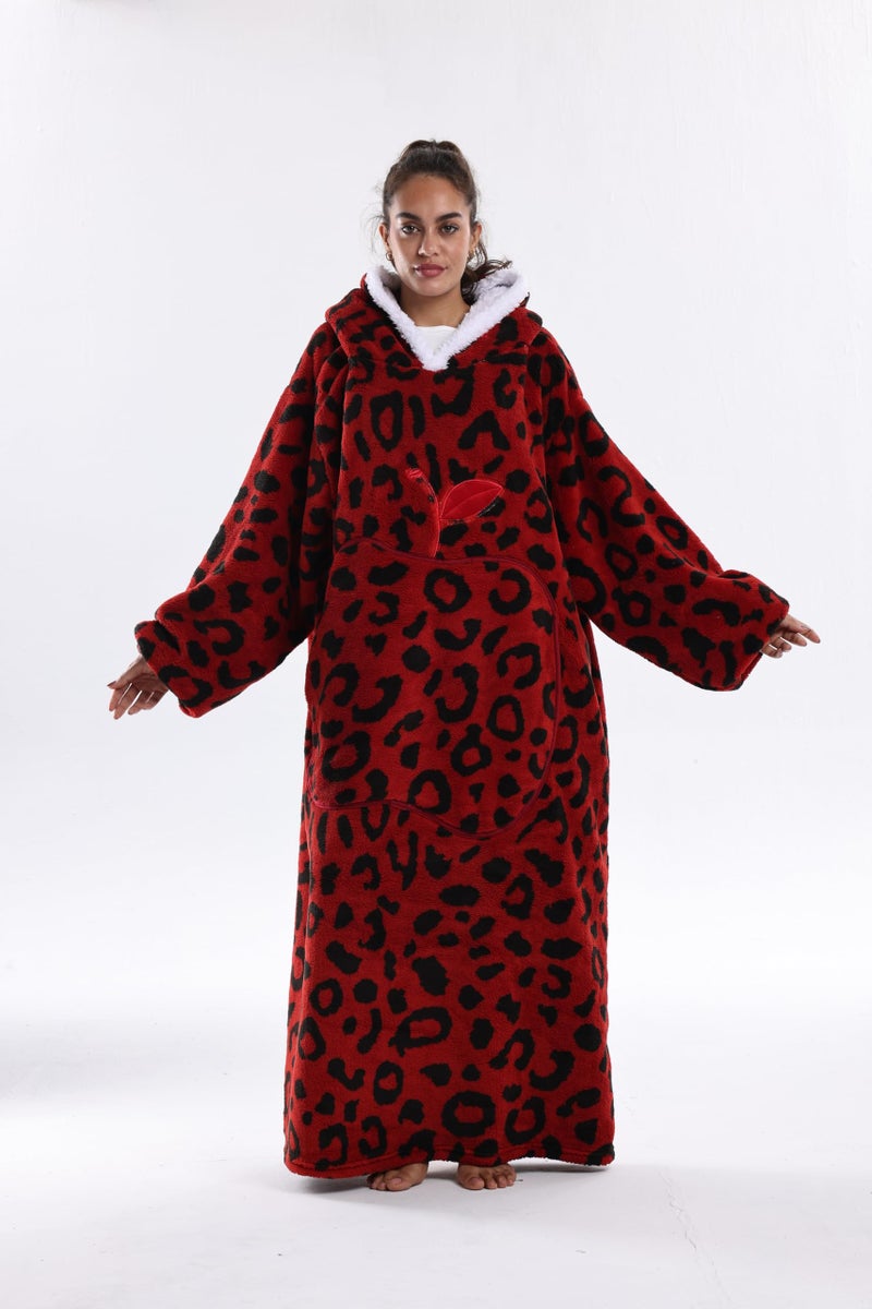 Capecage Wearable Blanket, Long Blanket Hoodie as Gifts for Women Men, Long Hooded Blanket for Men Women Blanket Hoodies (Red Leopard Print) - Image 2