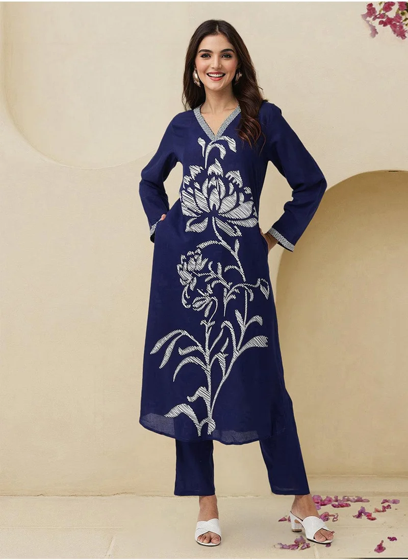 ISHIN Women Navy Rayon Kurta Sets 2Pcs Sets