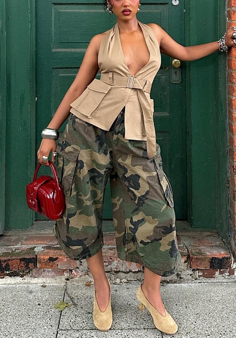 NRTHYE Womens Camo Cargo Jeans Army Fatigue Baggy Wide Leg High Waist Capris Camouflage Trousers Bermuda Boyfriend Pants - Image 2