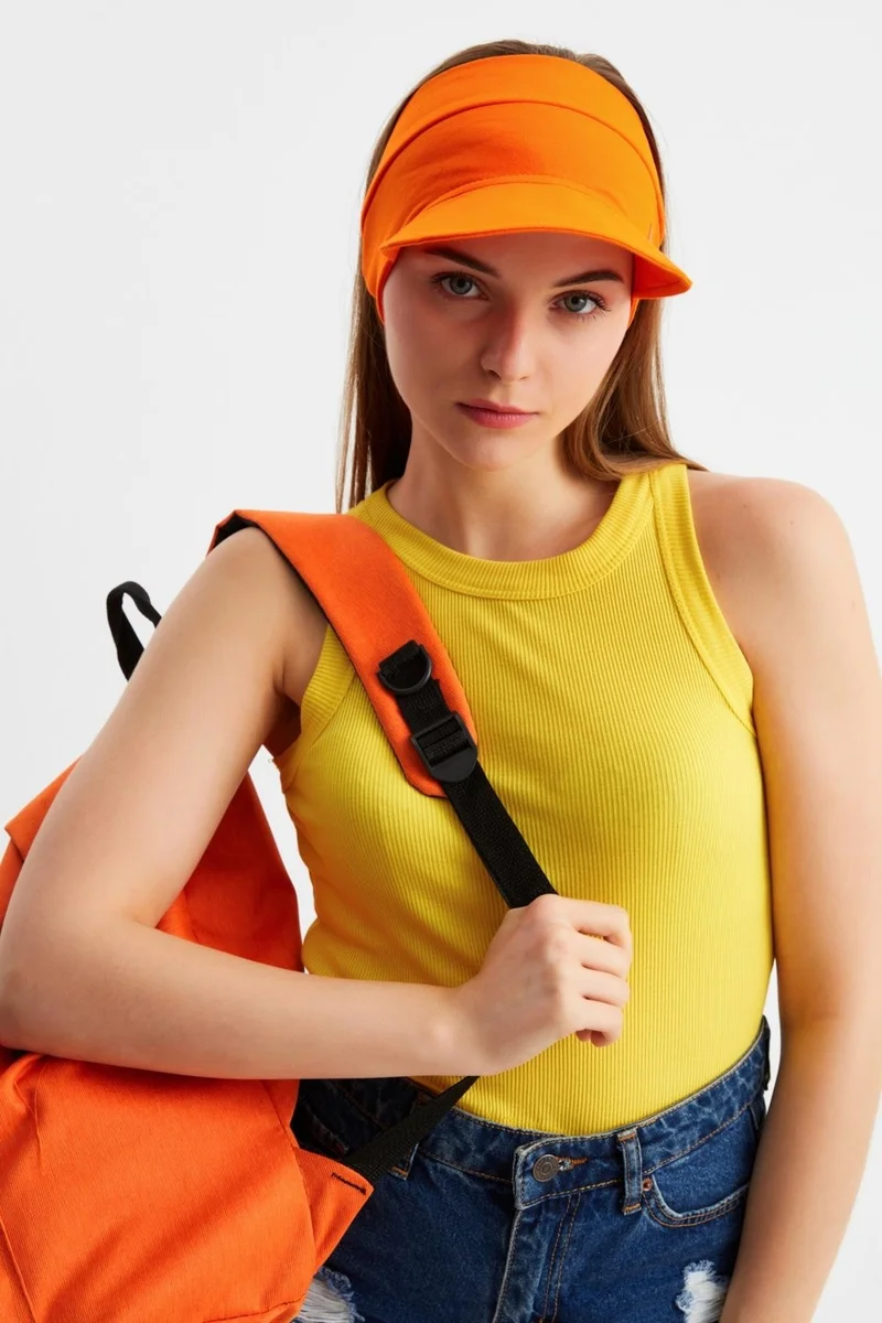 Butikgiz Women's Orange UV Protection Foldable Open Top Soft Brim 100% Cotton Combed Tennis Visor Hat