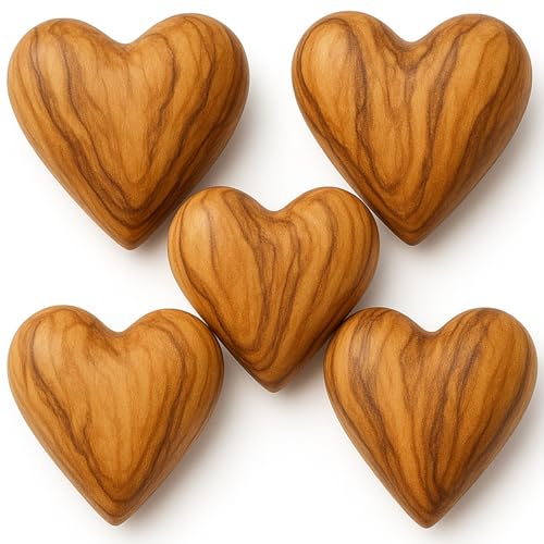 Zuluf Set of 5 Olive Wood Hearts 1.7 x 1.5 Hand Carved Wooden Heart Rustic Table Decorations Wedding Guest Alternatives Valentine Bowl Filler Home Décor Gifts Made in Bethlehem w/Certificate - Image 1