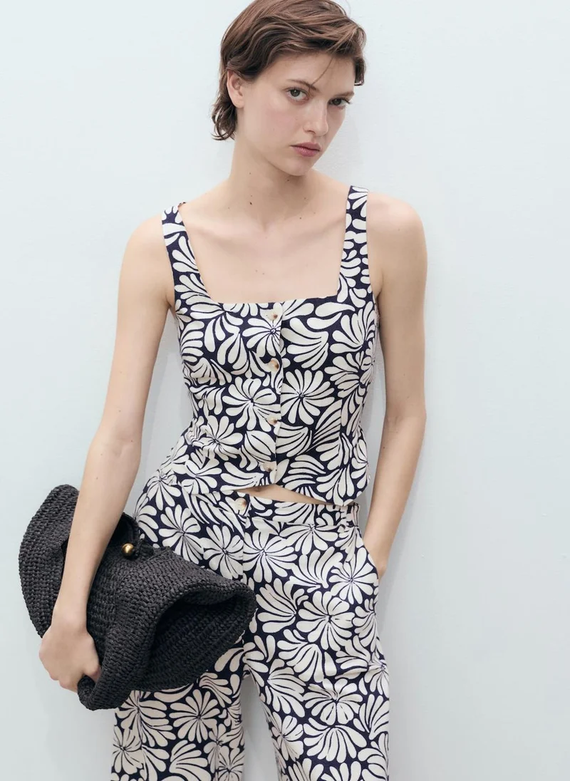 MANGO Floral Fitted Linen Top