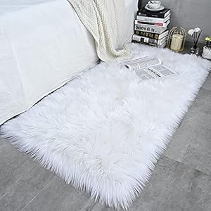 TPJ Mart Soft Faux Fur Fluffy Area Rug Luxury Fuzzy Sheepskin Carpet Rugs for Bedroom Living Room Shaggy Silky Plush Carpet Bedside Rug Floor Mat 2ft x 3ft White Rectangular Rectangular - Image 1