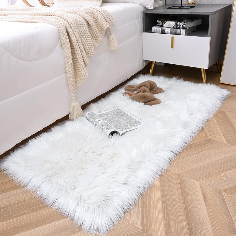 TPJ Mart Soft Faux Fur Fluffy Area Rug Luxury Fuzzy Sheepskin Carpet Rugs for Bedroom Living Room Shaggy Silky Plush Carpet Bedside Rug Floor Mat 2ft x 3ft White Rectangular Rectangular - Image 5