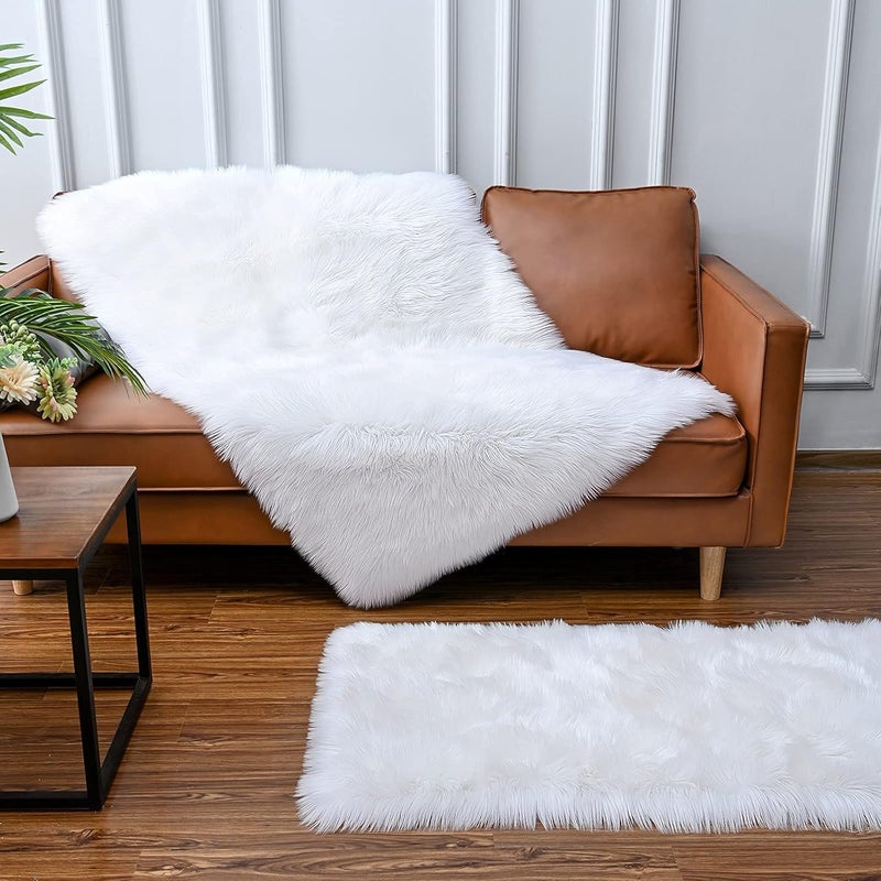 TPJ Mart Soft Faux Fur Fluffy Area Rug Luxury Fuzzy Sheepskin Carpet Rugs for Bedroom Living Room Shaggy Silky Plush Carpet Bedside Rug Floor Mat 2ft x 3ft White Rectangular Rectangular - Image 2