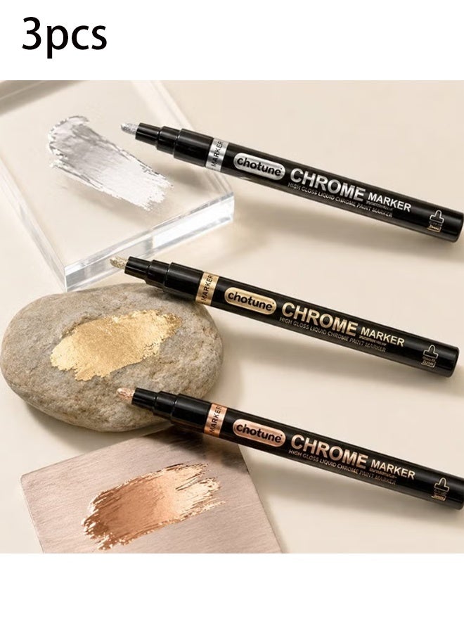YJ 3Pcs Mirror Finish Paint Pens, 2mm Medium Tip Metallic Markers High Gloss UV Resistant, Waterproof Permanent Paint Pens for Metal Glass Ceramic Wood Plastic DIY Craft Model Art Supplies (Gold, Silver, Rose Gold) - Image 1