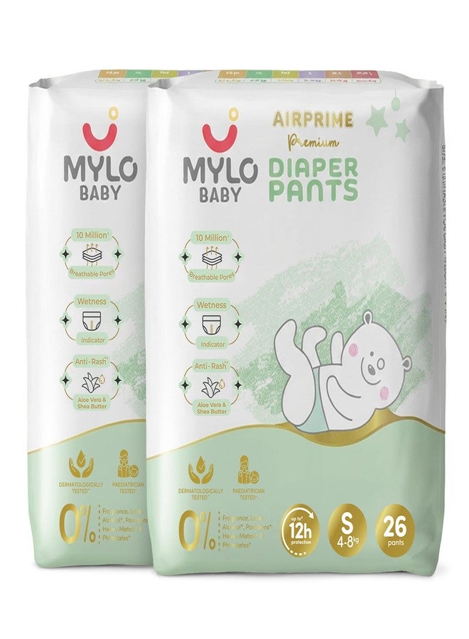 Mylo Baby AirPrime Premium Diaper Pants Small (S) Size (4–8 kgs) (26 Count) Leak Proof | Ultra-Thin & Breathable | Up to 12 Hours Protection | No Rashes (26 Count, Pack of 2)