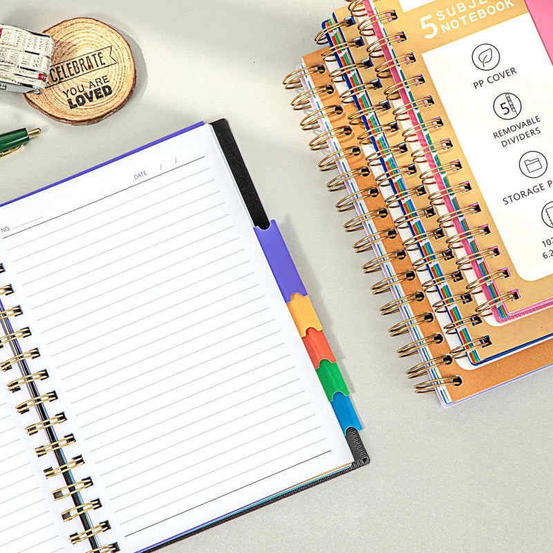 CAGIE 5 Subject Notebook College Ruled with Removable Tabs, Lined Spiral Journals Notebook for Women Men Writing, Notebooks for Work Note Taking School Supplies, A5 - Pink - Image 4