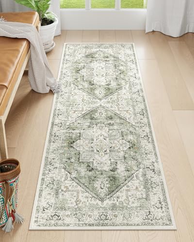 LIVEBOX Washable Runner 2x6 - Vintage Tribal Kitchen Rug, Long Entryway, Low-Pile for Bedroom, Non-Skid Soft Carpet Throw for Bathroom Laundry Room Hallway Sage - Image 2