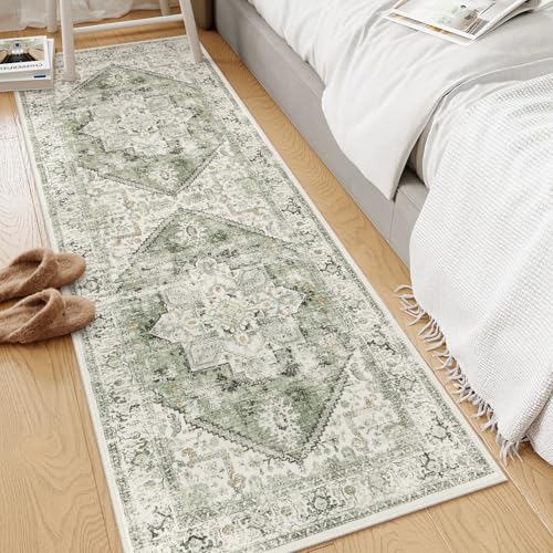 LIVEBOX Washable Runner 2x6 - Vintage Tribal Kitchen Rug, Long Entryway, Low-Pile for Bedroom, Non-Skid Soft Carpet Throw for Bathroom Laundry Room Hallway Sage - Image 4