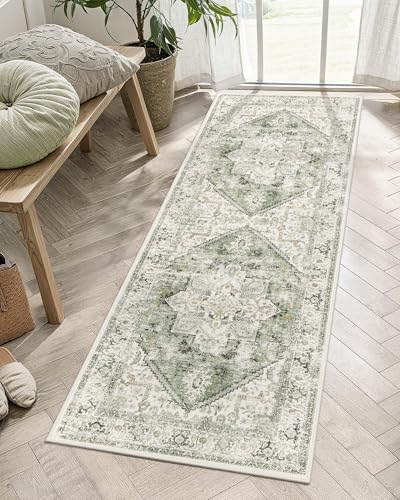 LIVEBOX Washable Runner 2x6 - Vintage Tribal Kitchen Rug, Long Entryway, Low-Pile for Bedroom, Non-Skid Soft Carpet Throw for Bathroom Laundry Room Hallway Sage - Image 1