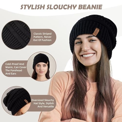 MSDC 3 Pack Satin Lined Beanie for Women, Warm Slouchy Winter Hats with Silk Lined, Fashionable Oversized Cable Knit Hat Skull Cap-01 - Image 5