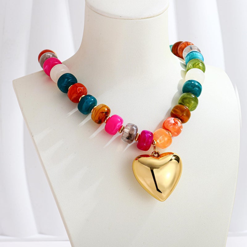 WOWORAMA Colorful Chunky Beaded Heart Necklace for Women Boho Colored Resin Acrylic Beads Choker Necklace Trendy Chunky Puffy Heart Necklaces Statement Jewelry - Image 2
