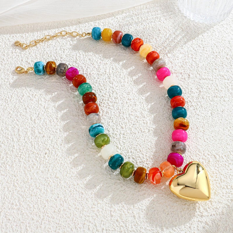 WOWORAMA Colorful Chunky Beaded Heart Necklace for Women Boho Colored Resin Acrylic Beads Choker Necklace Trendy Chunky Puffy Heart Necklaces Statement Jewelry - Image 5