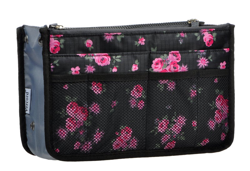 Vercord Purse Organizer Insert for Handbags Bag Organizers Inside Tote Pocketbook Women Nurse Nylon 13 Pockets Black Red Flower Small - Image 1