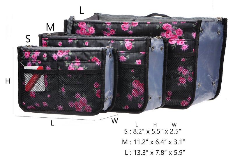 Vercord Purse Organizer Insert for Handbags Bag Organizers Inside Tote Pocketbook Women Nurse Nylon 13 Pockets Black Red Flower Small - Image 3