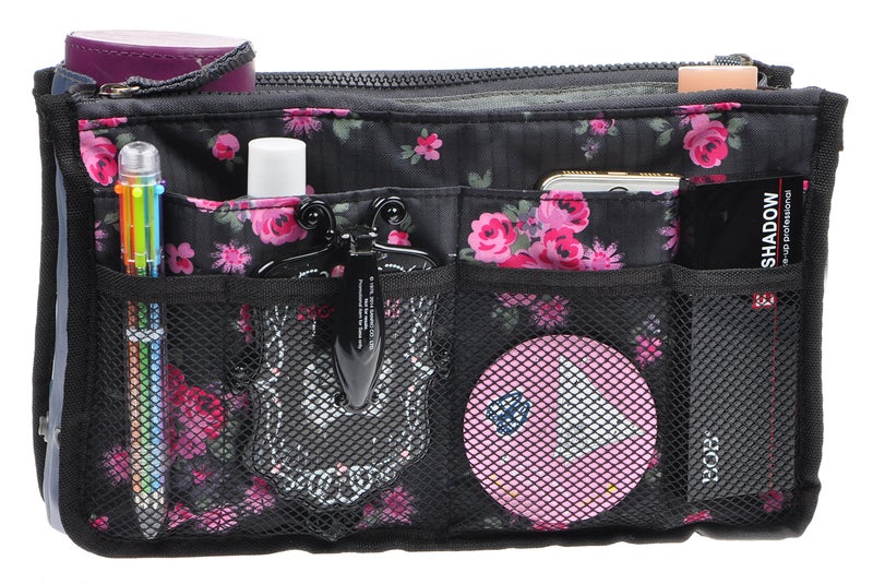 Vercord Purse Organizer Insert for Handbags Bag Organizers Inside Tote Pocketbook Women Nurse Nylon 13 Pockets Black Red Flower Small - Image 2