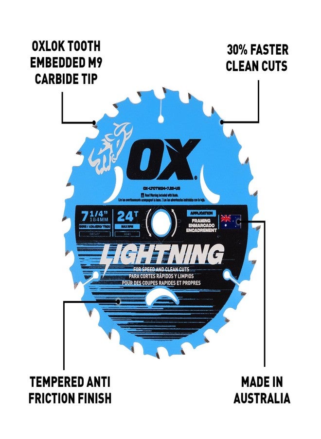 OX Tools Lightning 7-1/4" Circular Saw Blade for Framing - 184mm 24 Tooth & 5/8" Bore Laser Cut Carbide Tipped M9 Grade Construction - Circular Saw Blades Made in Australia for Wood Cutting - Image 2