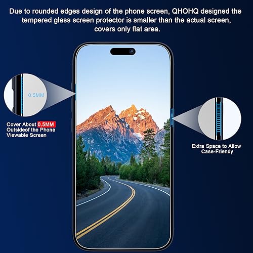 QHOHQ 3 Pack Screen Protector for iPhone 15 Pro Max [6.7 Inch] with 3 Pack Camera Lens Protector, Tempered Glass Film, HD Clear, 9H Hardness, No Bubbles, Case Friendly - Image 3