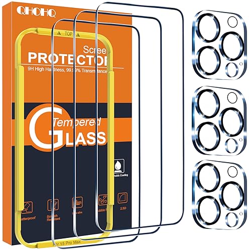 QHOHQ 3 Pack Screen Protector for iPhone 15 Pro Max [6.7 Inch] with 3 Pack Camera Lens Protector, Tempered Glass Film, HD Clear, 9H Hardness, No Bubbles, Case Friendly - Image 1