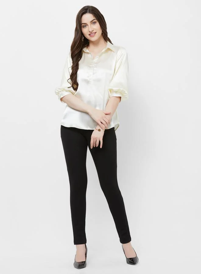 Mish Solid Shirt Style Top with Cuffed Sleeves