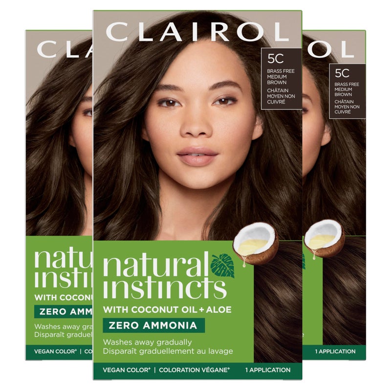 Clairol Natural Instincts Demi-Permanent Hair Dye, 5C Brass Free Medium Brown Hair Color, Pack of 3 - Image 1