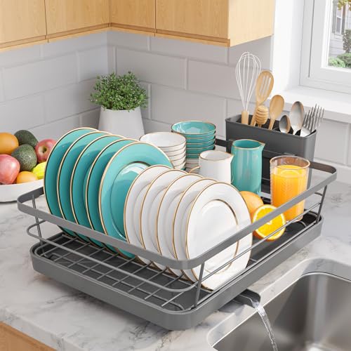 Sakugi Stainless Steel Dish Drying Rack for Kitchen Counter, Sink Organization and Storage Essentials with Silverware & Utensil Holder, Home and Apartment Decor, 12''W x 15.6''L, Gray - Image 5